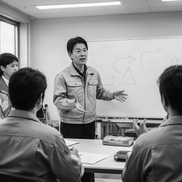製造現場の研修室で話す講師、ホワイトボードに業務改善の図解がある