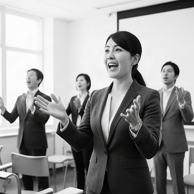 明るい講義室で発声練習を指導するコミュニケーション講師