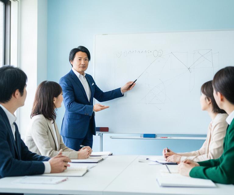 山形の研修室で講師がホワイトボードを使い営業担当者へ説明構成を教える様子