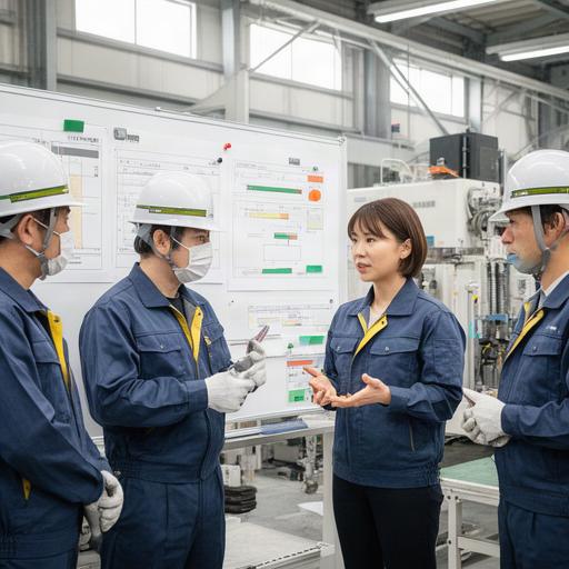 製造現場で女性工場長が作業員と工程表を確認する様子