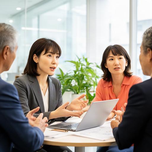 明るいオフィスで若手女性管理職がチームメンバーと対話する様子